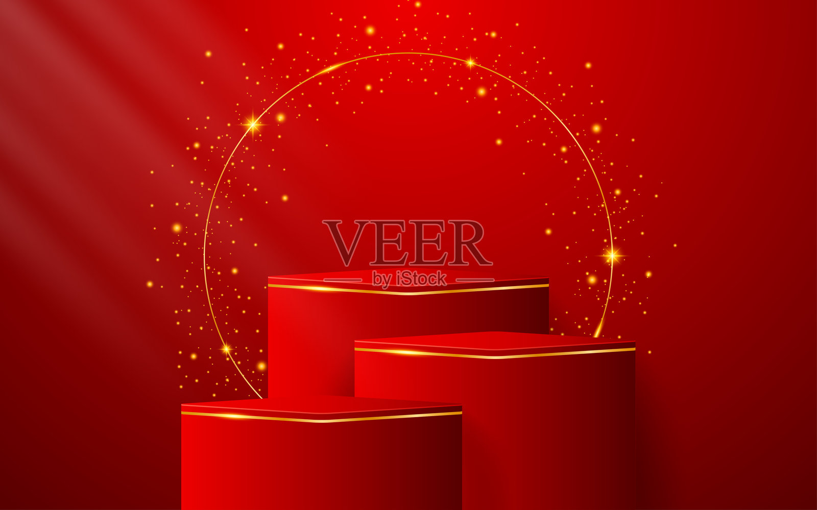 多层红色讲台，配有优雅的金色线条，用于产品展示插画图片素材