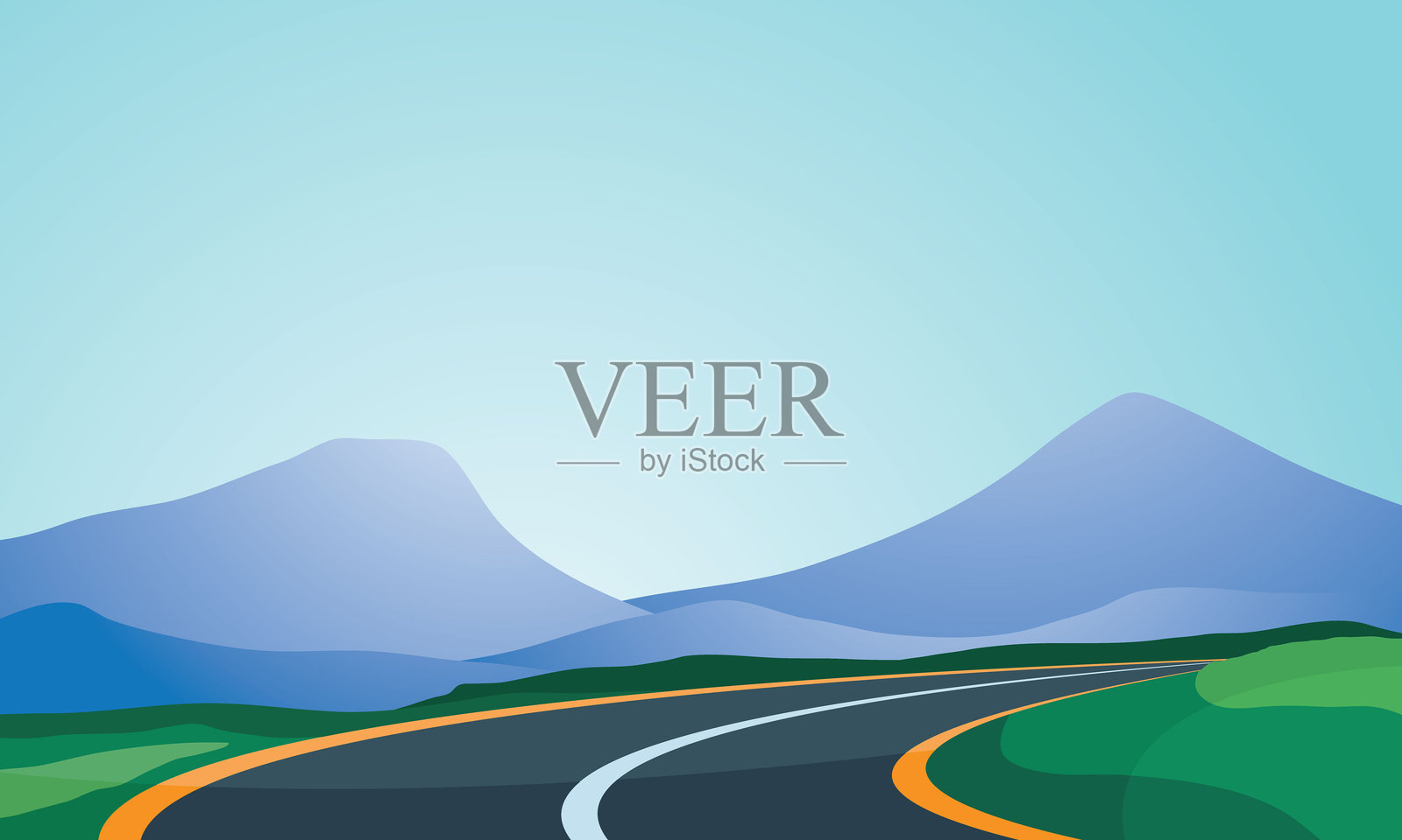 山景，通往山的道路，绿色草地作为背景插画图片素材