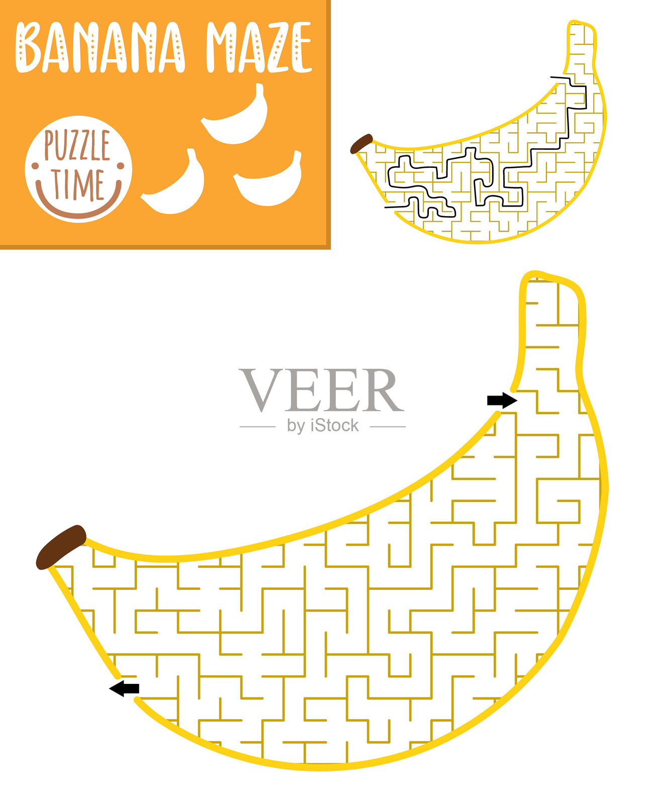 儿童水果几何迷宫。适合学前班的可打印活动，形状像香蕉。水豚食物迷宫游戏或儿童拼图。插画图片素材