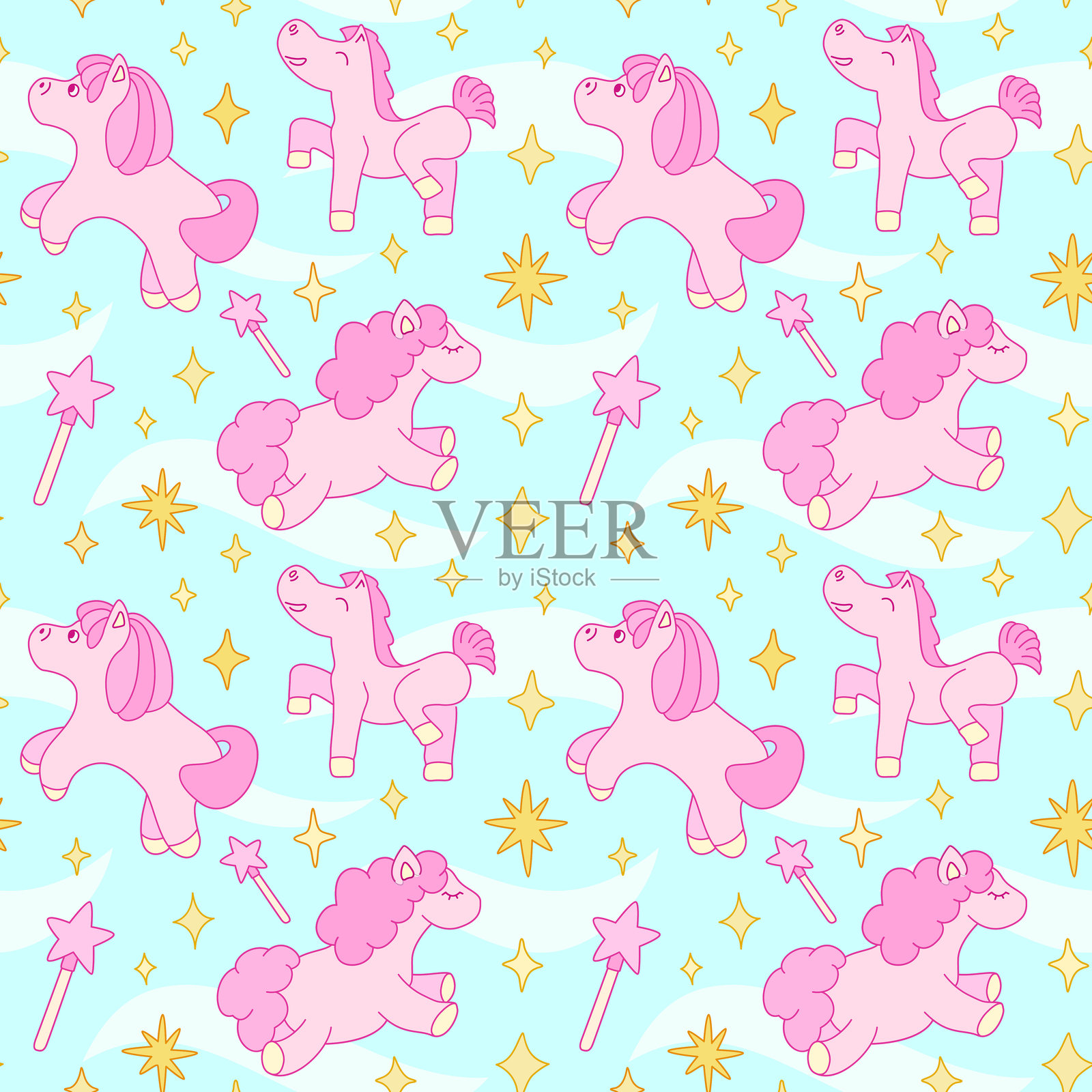 可爱粉色小马的魔法瓷砖图案插画图片素材