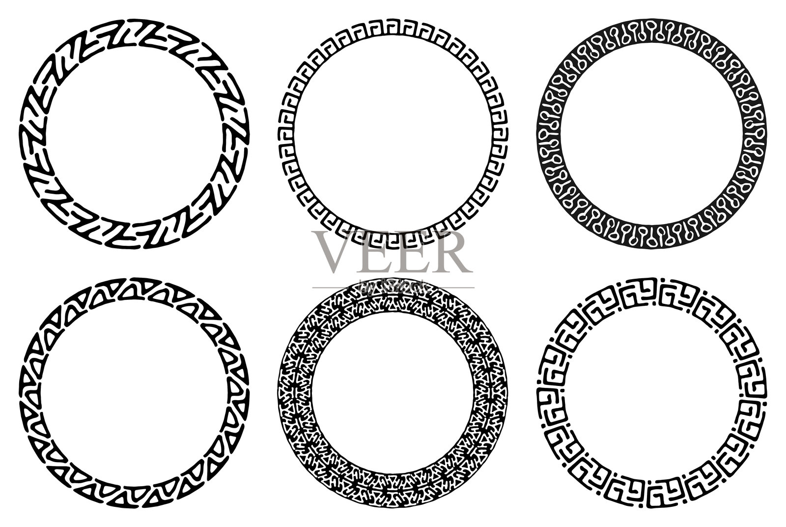 一组装饰性的部落镂空圆形框架。几何民族风格的华丽圆形边框，背景为白色。玛雅风格图案。矢量插图插画图片素材