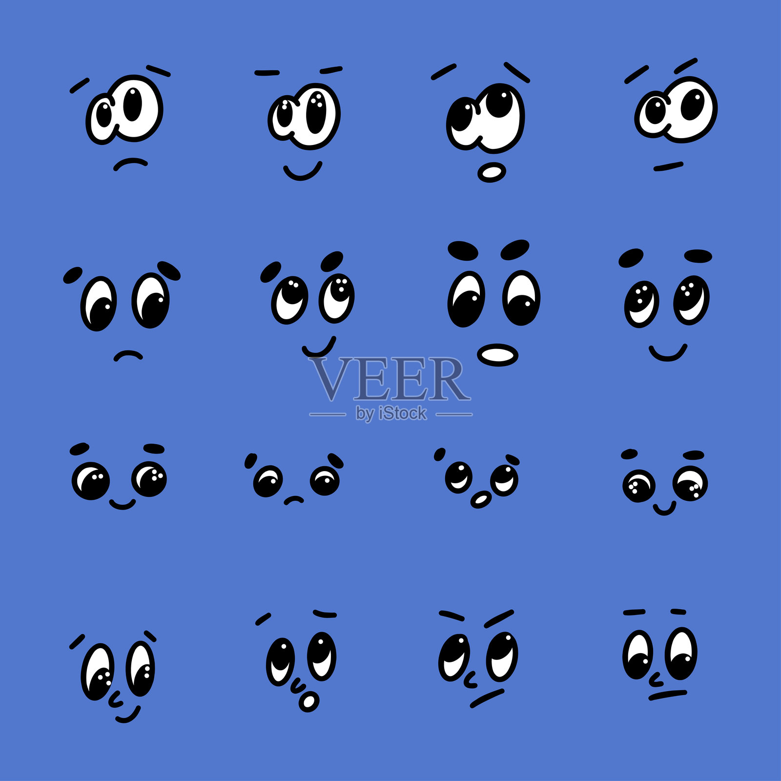 一组16种不同表情的卡通面孔。非常适合与情感、头像和角色设计相关的项目。插画图片素材