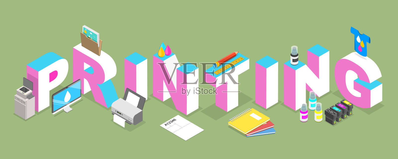 3D等距平面矢量插图：打印插画图片素材