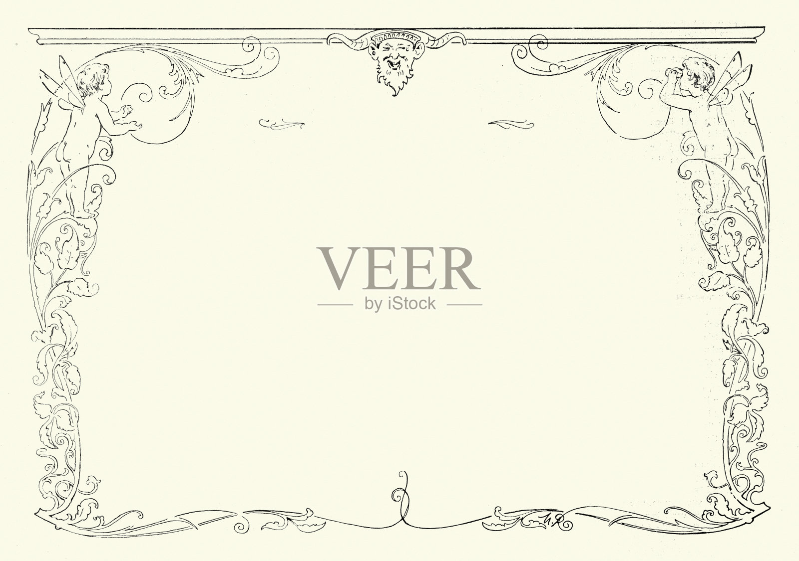 童话边框，画框，仙女，欢笑的潘，19世纪复古插图插画图片素材