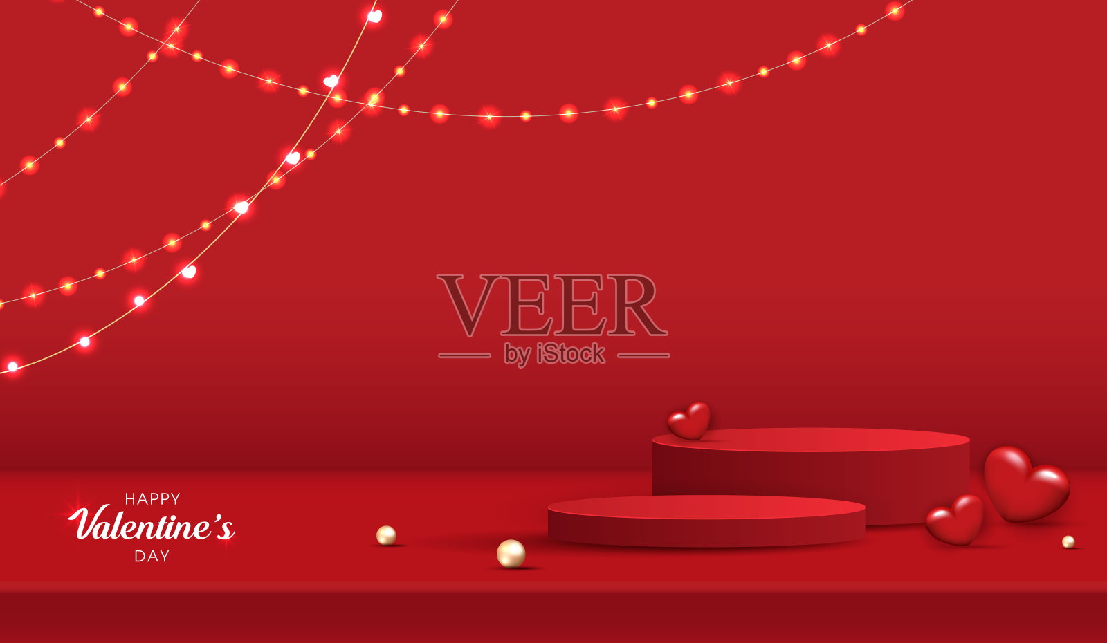 情人节快乐，舞台讲台装饰着心形。产品、化妆品、广告、展览、颁奖典礼的展示场景，背景为粉色和灯光。矢量设计。插画图片素材