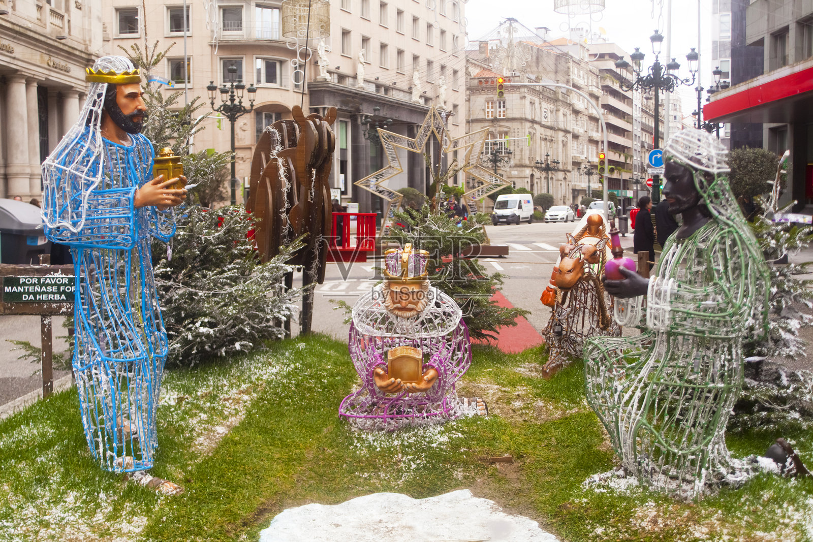 圣诞装饰，三位智者，西班牙蓬特韦德拉市的维戈大道照片摄影图片