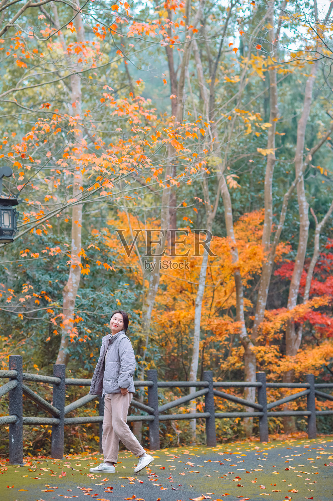 一位亚洲女性在中国浙江宁波溪口的杜鹃谷欣赏秋天的美景照片摄影图片