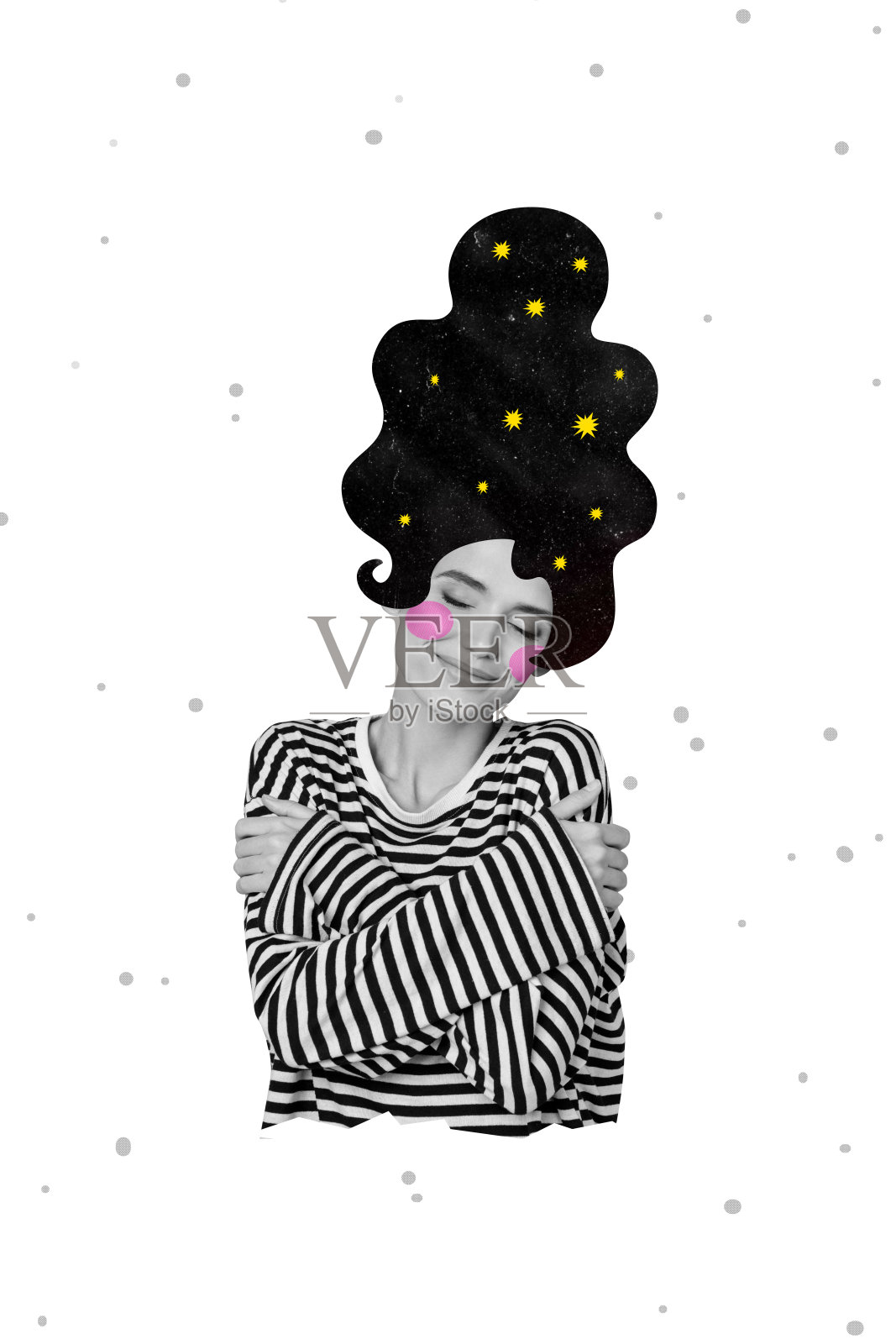 垂直艺术拼贴，快乐女孩佩戴黑色假发，进行护肤沙龙护理，腮红化妆，自我拥抱，背景为白色。照片摄影图片