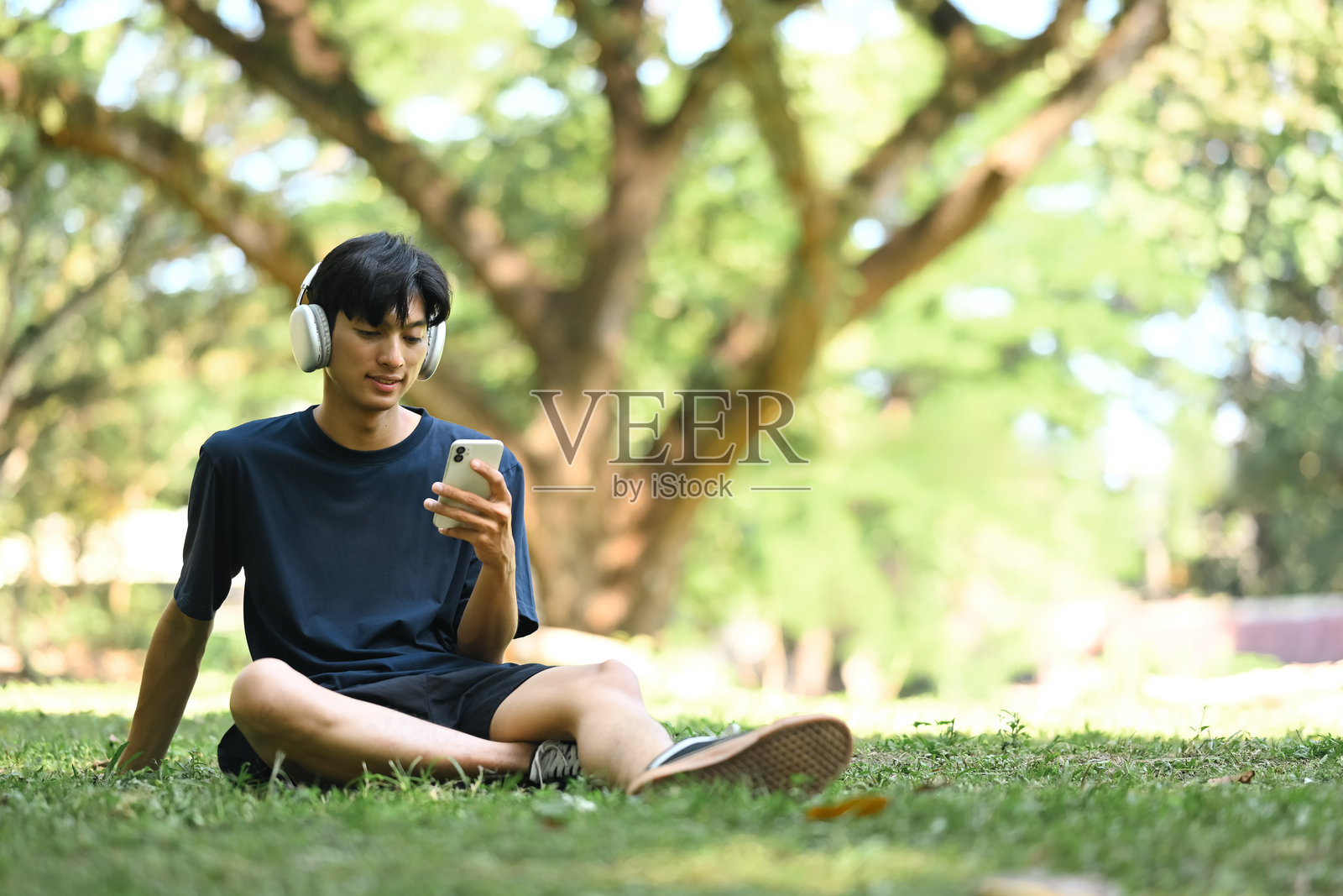 年轻男子在阳光明媚的公园草地上听音乐并使用手机照片摄影图片