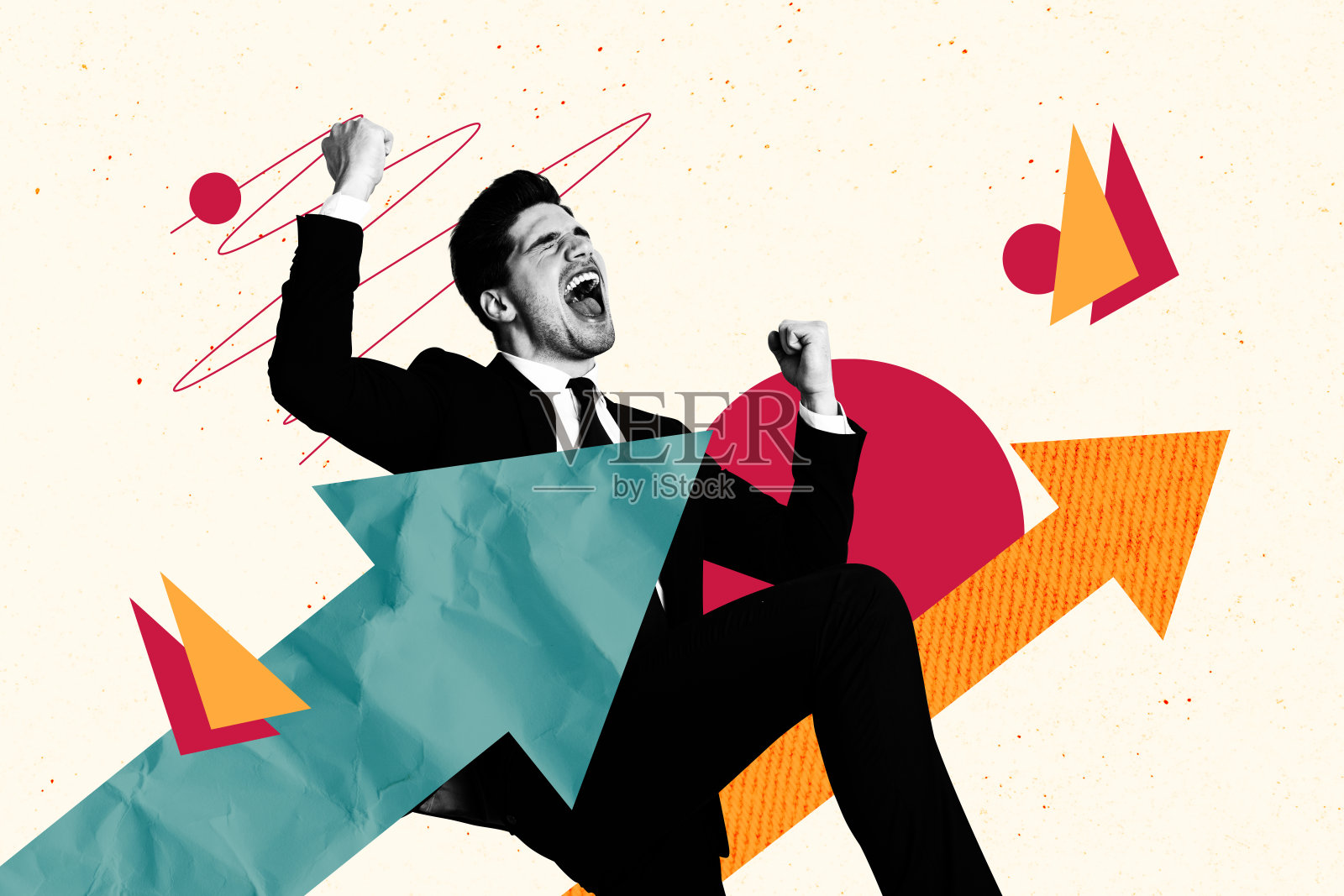 年轻男商人实现目标的综合趋势艺术草图照片拼贴，手握拳头姿势，箭头指示方向。照片摄影图片