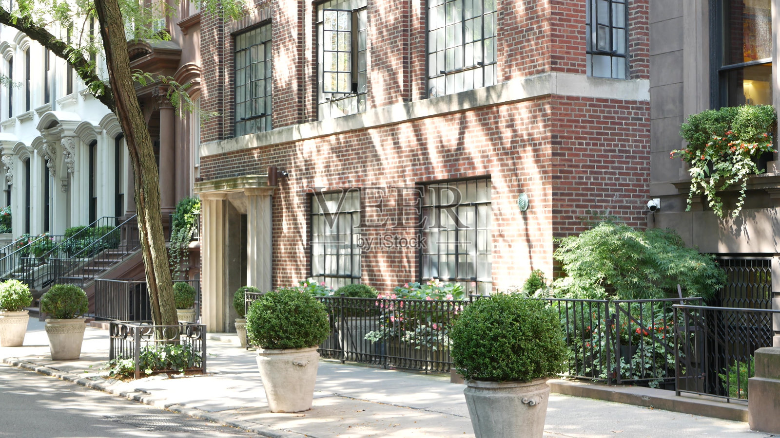 纽约市的联排别墅，布鲁克林高地的住宅棕石建筑，位于美国。照片摄影图片