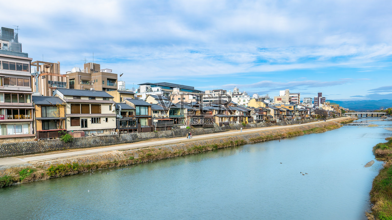 宁静的京都河畔：传统房屋沿着鸭川而建。照片摄影图片