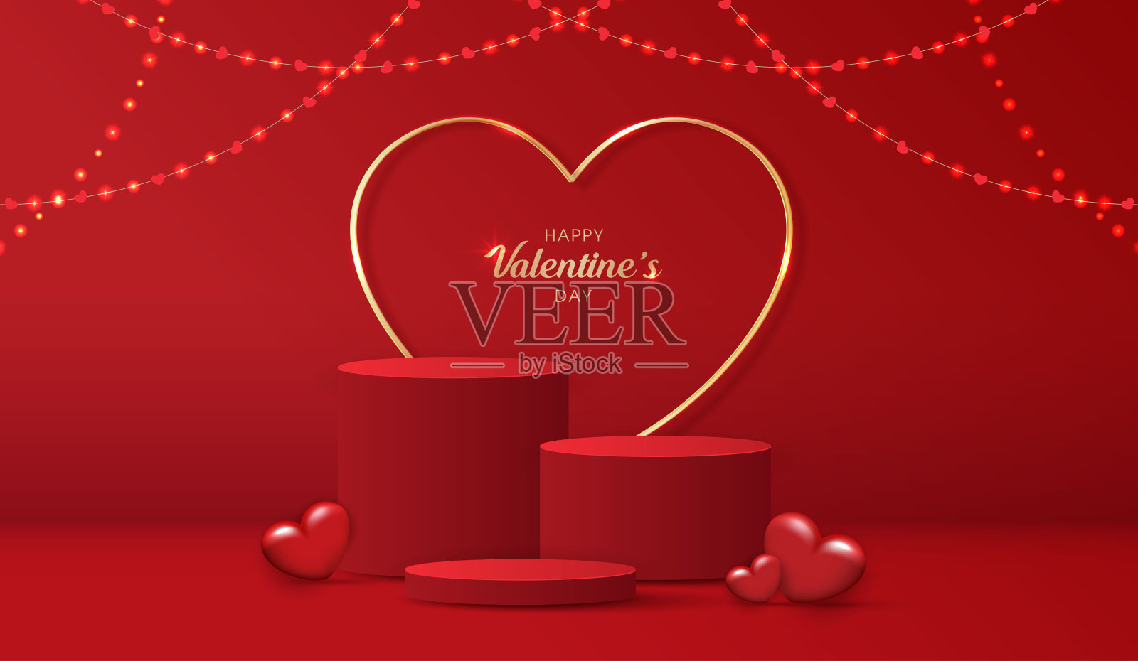 情人节快乐，舞台讲台装饰着心形。产品、化妆品、广告、展览、颁奖典礼的展示场景，背景为粉色和灯光。矢量设计。插画图片素材