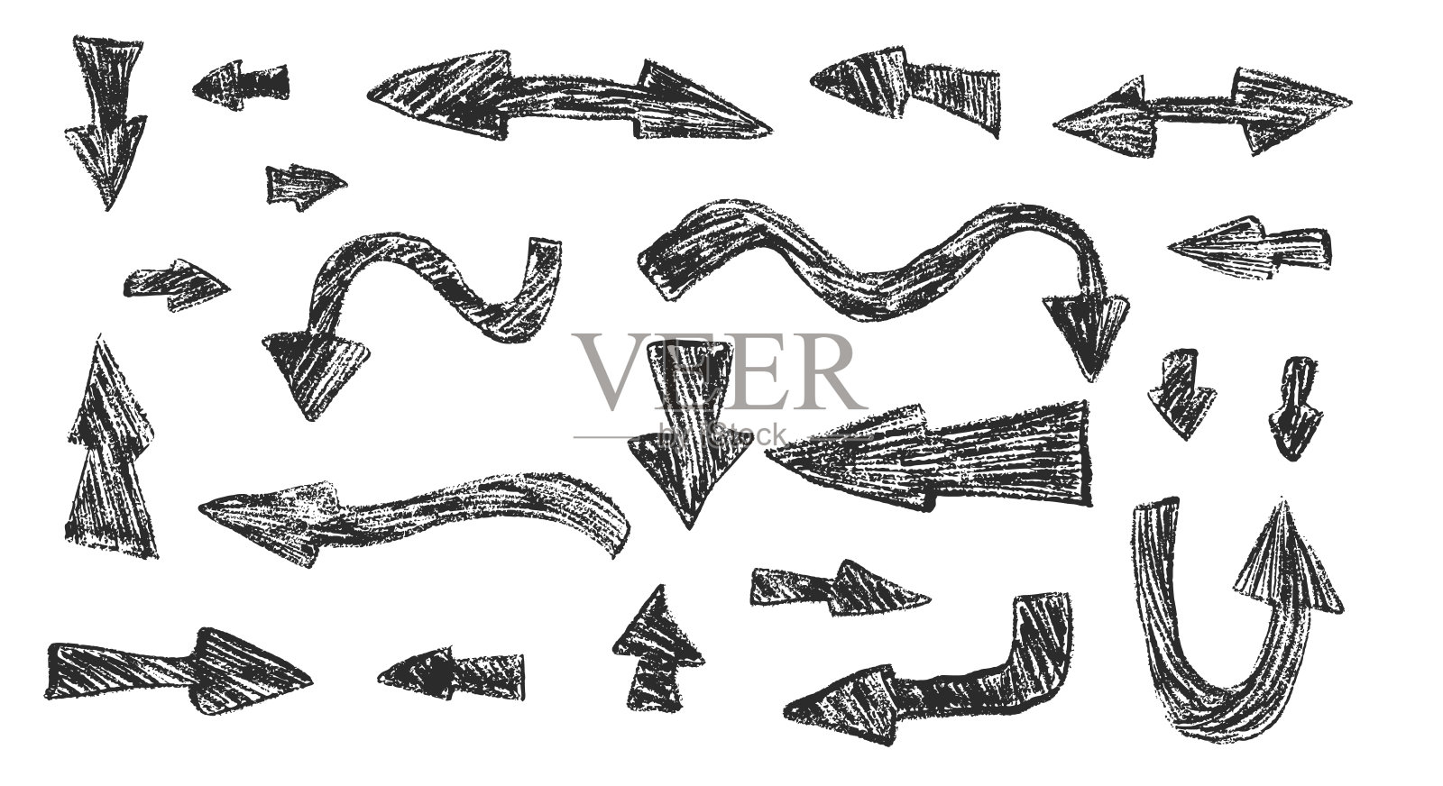 箭头图案蜡笔画。粉笔手写符号。铅笔绘制的指示符号，独立于白色背景。矢量手绘插图。插画图片素材
