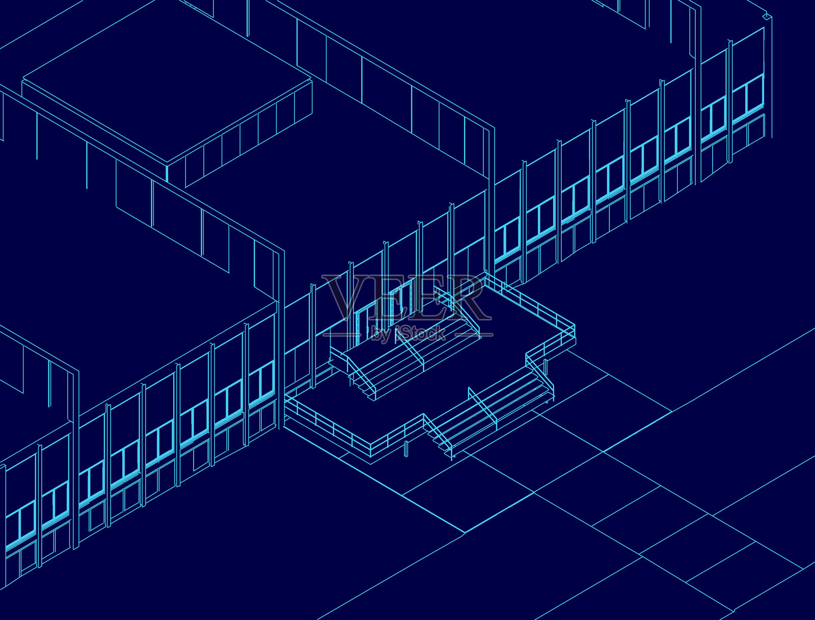 这幅图是一个蓝色的学校建筑图，前面有一座通往入口的楼梯。建筑是一座大型现代化结构，拥有许多窗户和流线型设计。插画图片素材