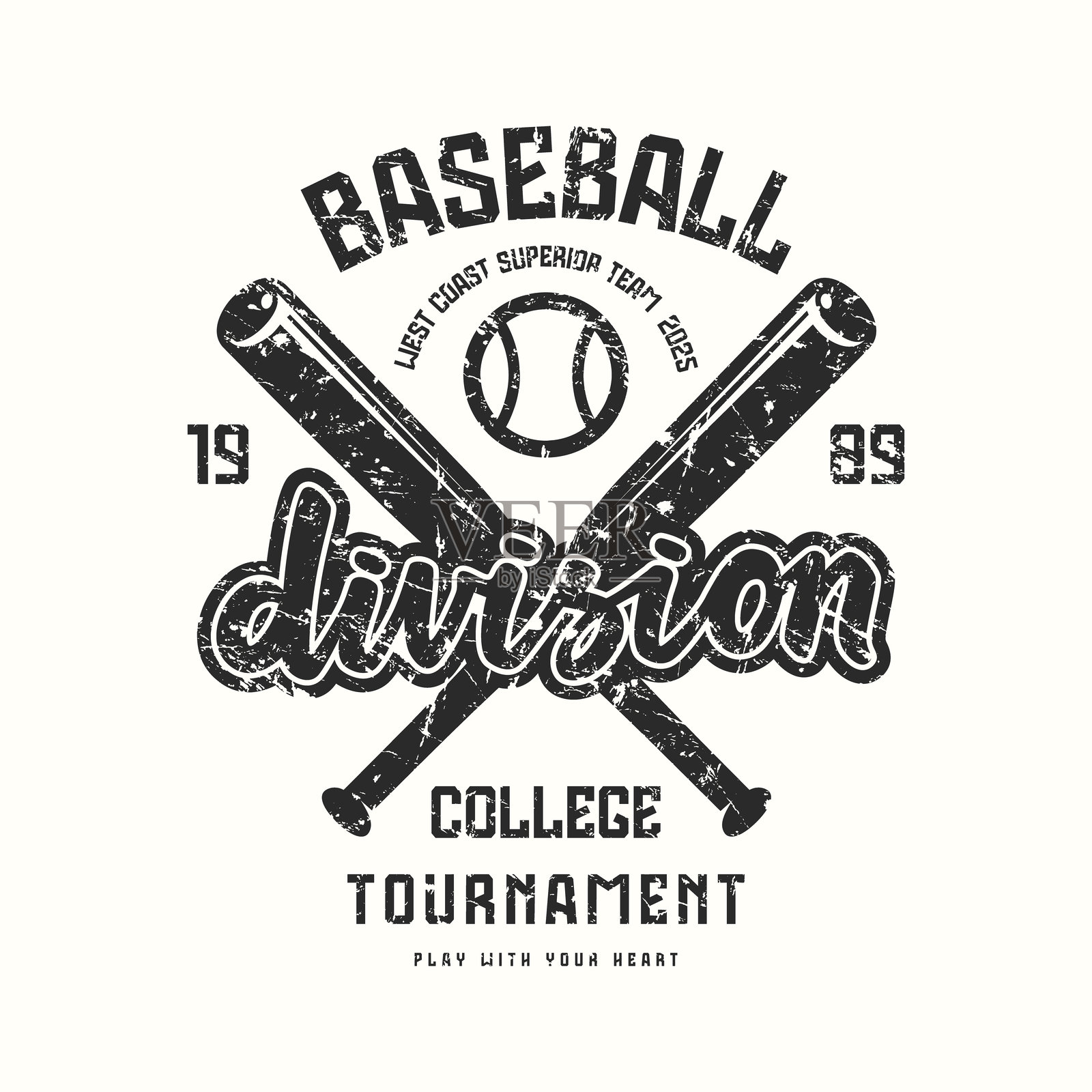 带有粗糙纹理的大学棒球锦标赛徽章插画图片素材