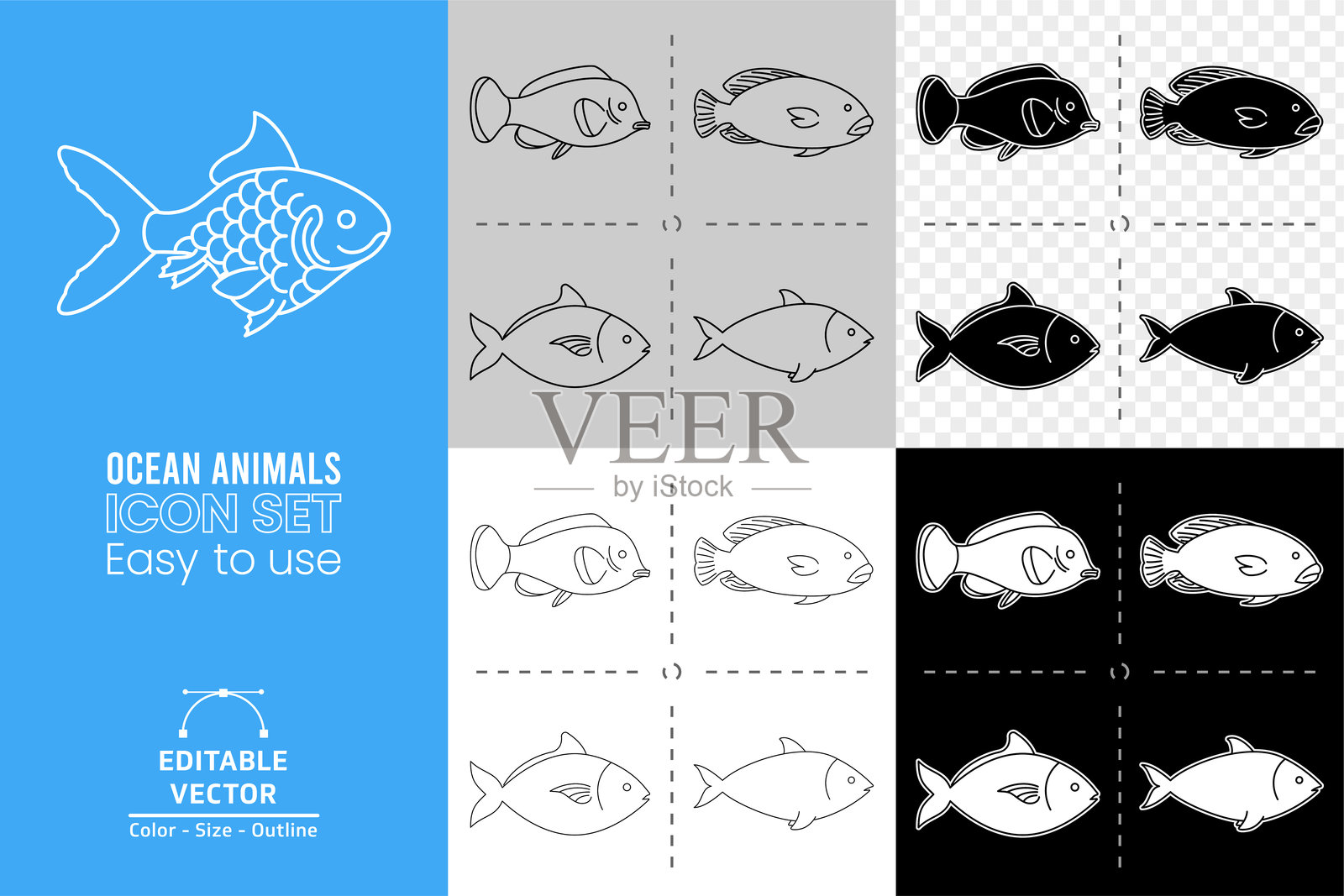 鱼类图标集。插画图片素材