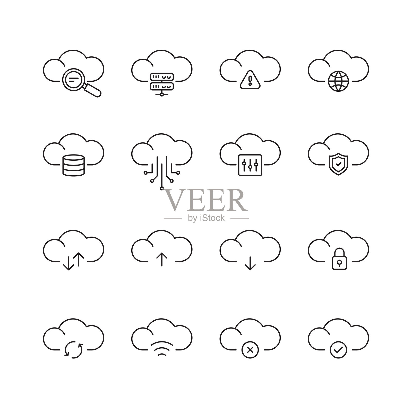 可编辑线条和可自定义颜色设计的云计算图标集插画图片素材