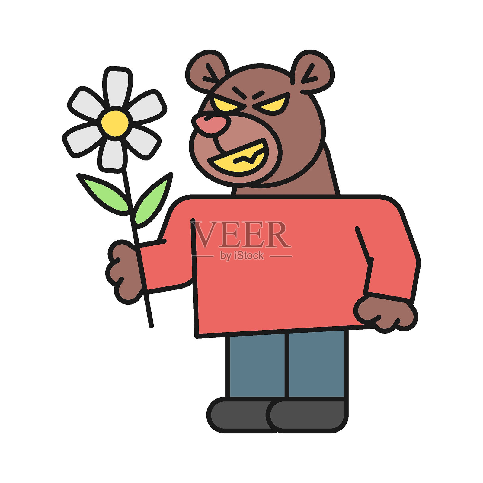 熊抱着花朵微笑插画图片素材