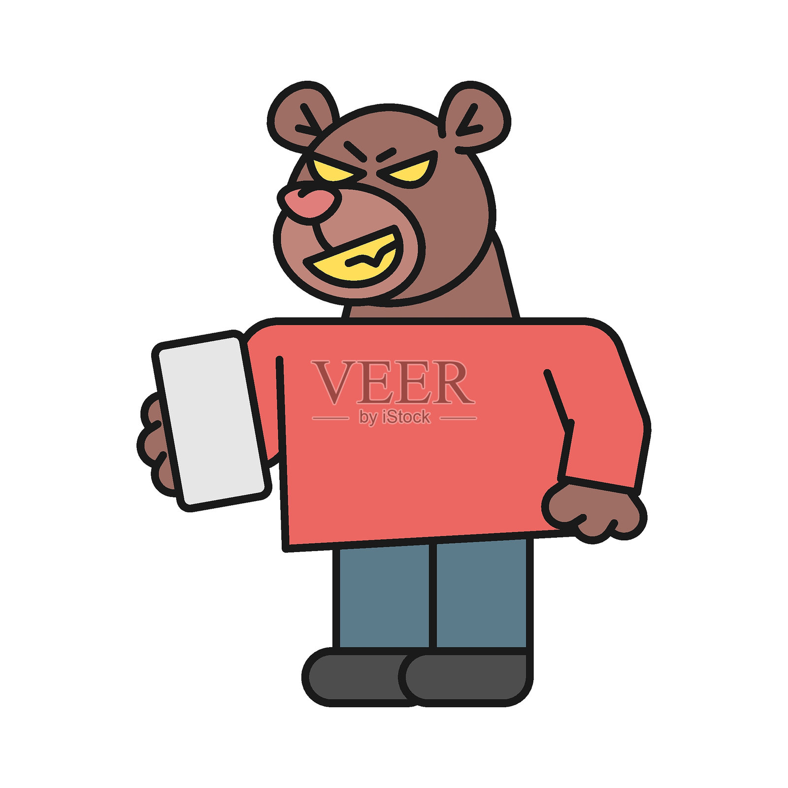 熊抱着智能手机，微笑着插画图片素材