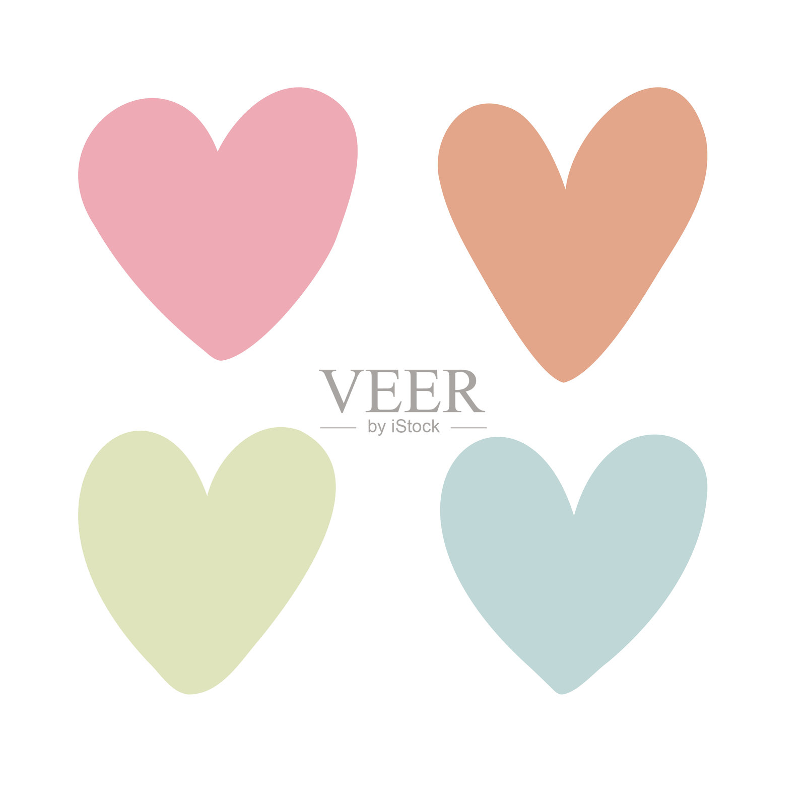 一组矢量粉彩心形图标。白色背景上的爱心符号形状。情人节套装。心形图案采用粉彩北欧色彩。彩色平面图形。社交网络上的贴纸。插画图片素材