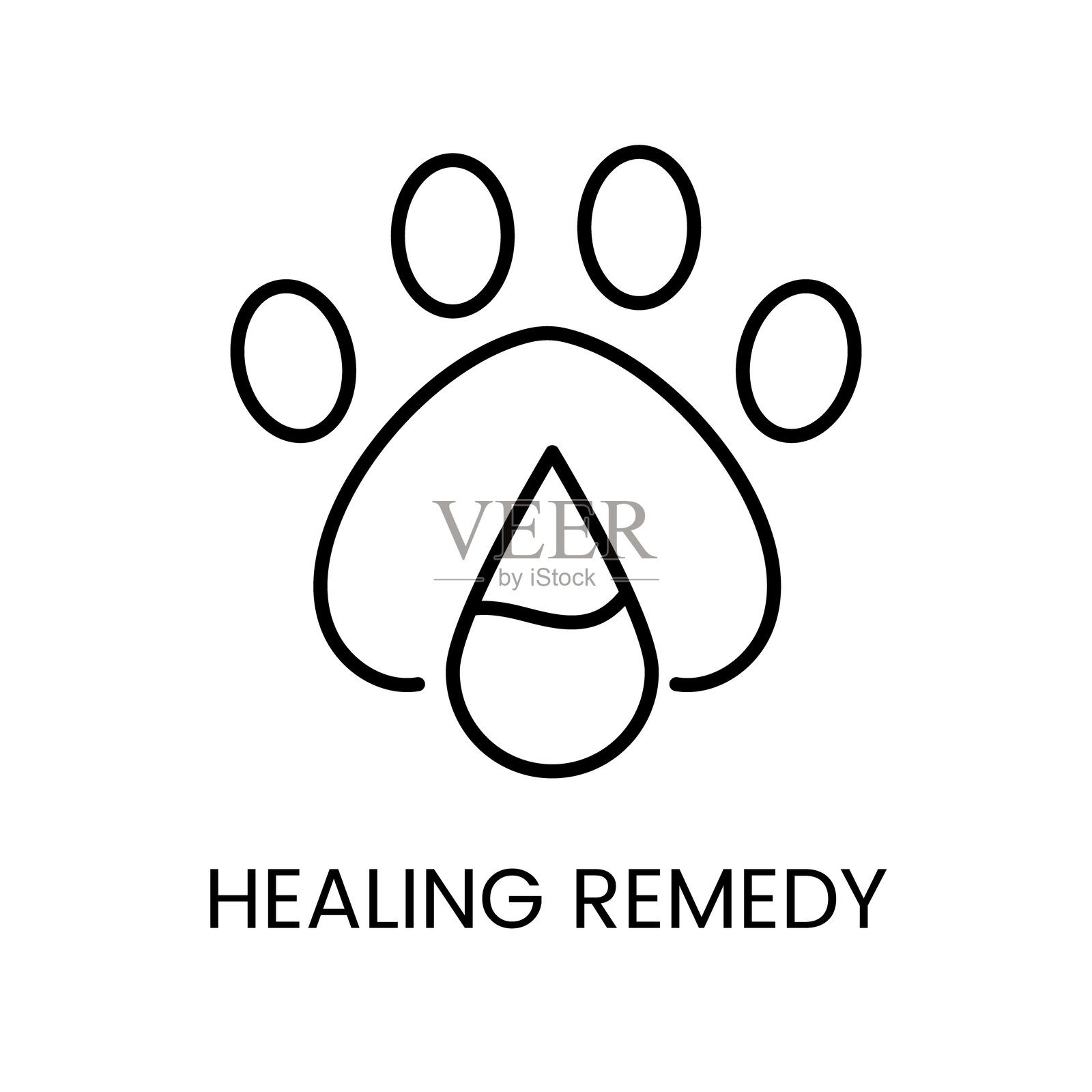 一个带有液滴的爪印图标，代表动物的疗愈药方，具有可编辑的线条。插画图片素材