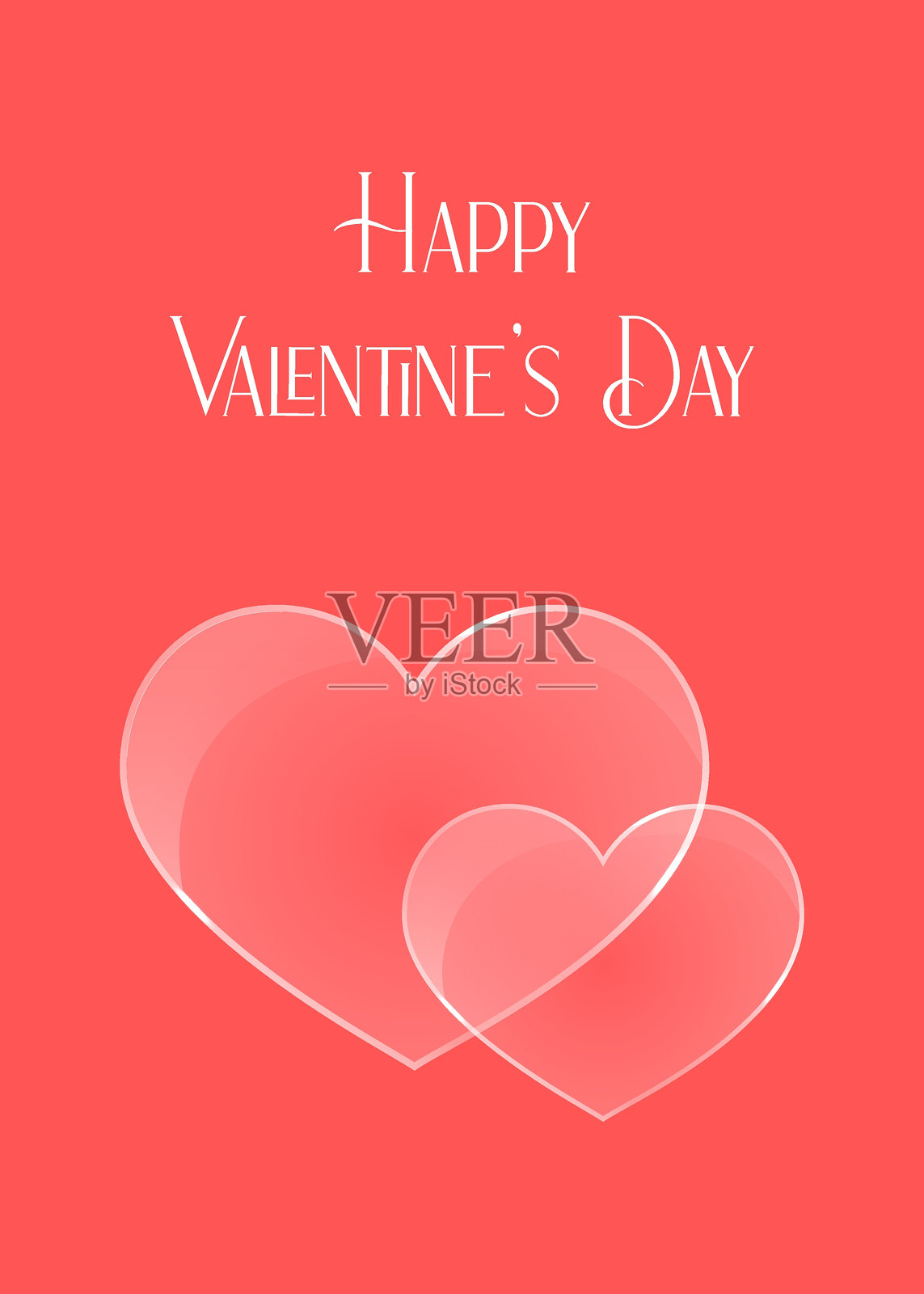 情人节快乐卡片。2月14日浪漫的矢量插图。情人节问候卡，竖版极简设计，包含一对玻璃心形。爱心符号透明且光泽感十足。插画图片素材