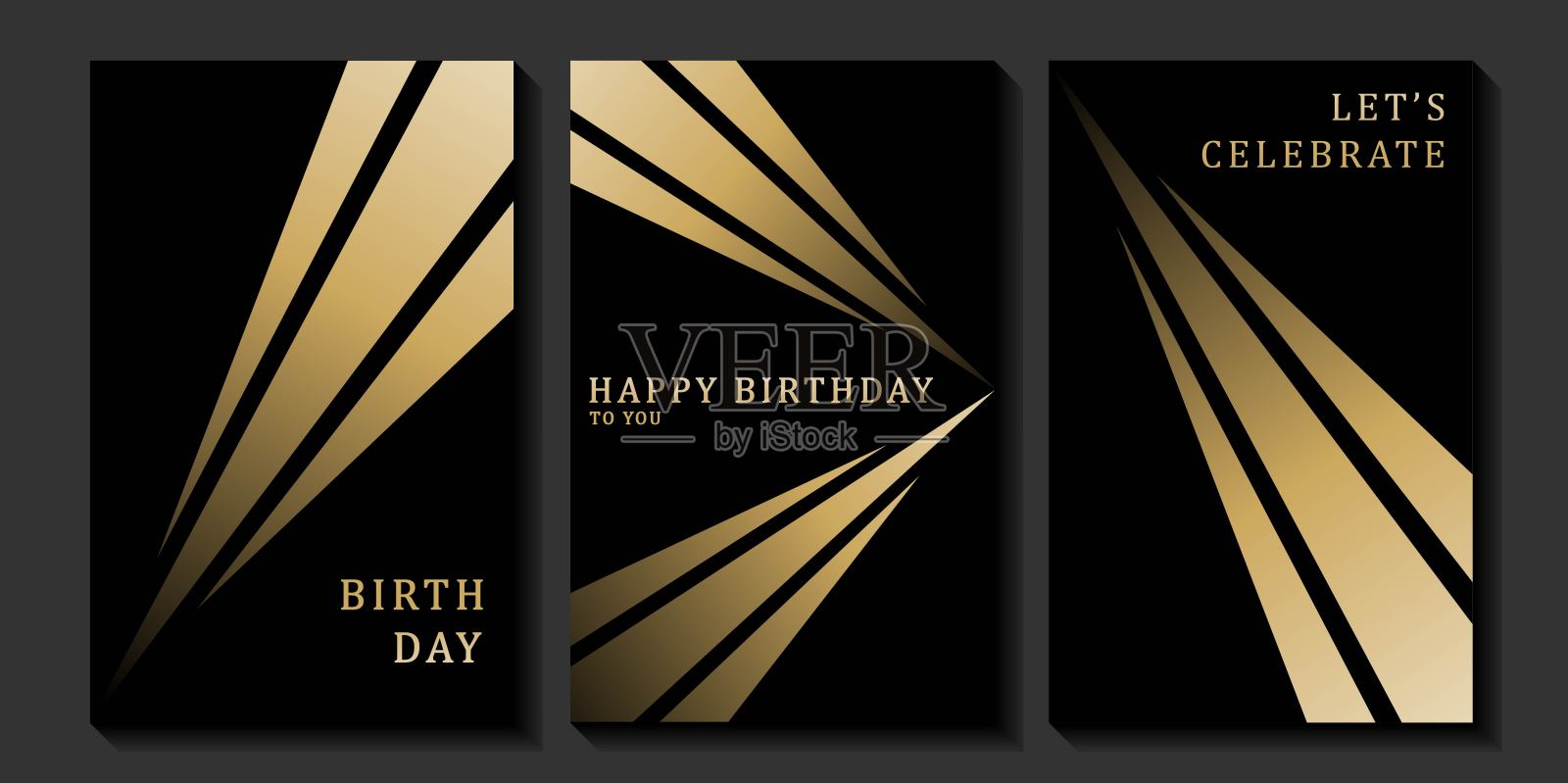 一套奢华的生日卡片，背景为黑色。现代金色与黑色设计。插画图片素材