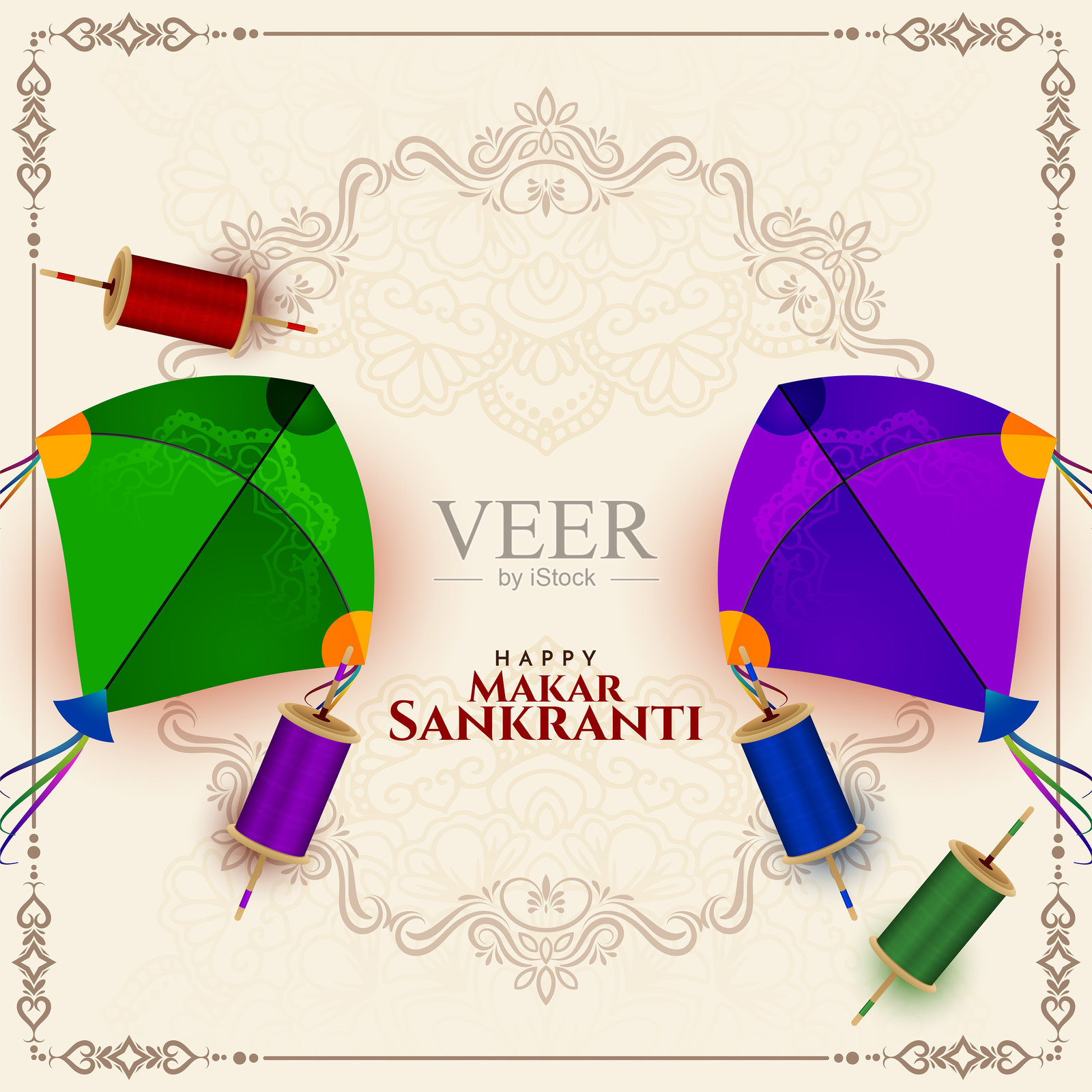 快乐的马卡尔·桑克兰提印度节日贺卡，装饰着五彩缤纷的风筝插画图片素材