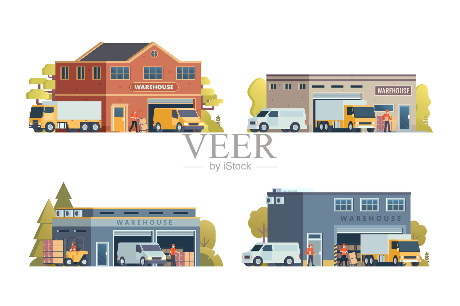 带有物流元素的仓库建筑集合。可编辑的矢量插图插画图片素材