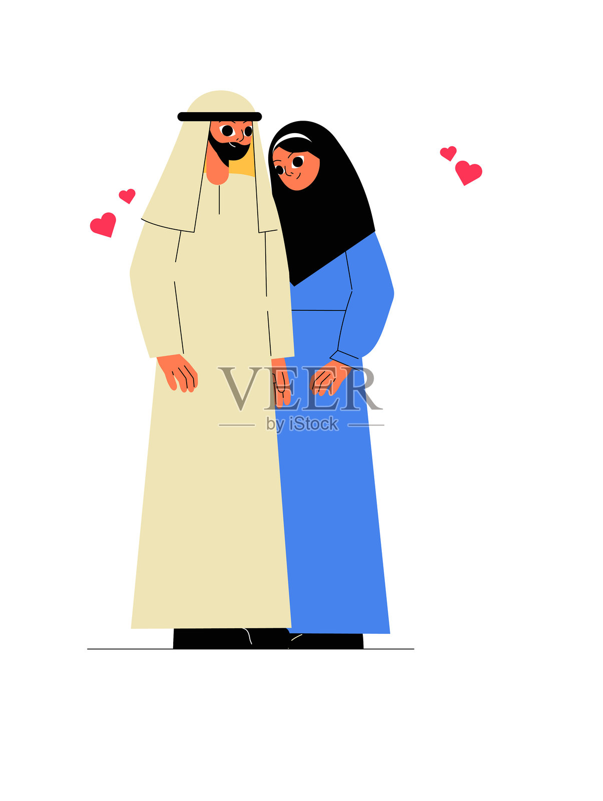 穿着传统阿拉伯服装的情侣并肩而立，扁平化矢量插图象征着爱、文化和亲情，背景为白色。插画图片素材