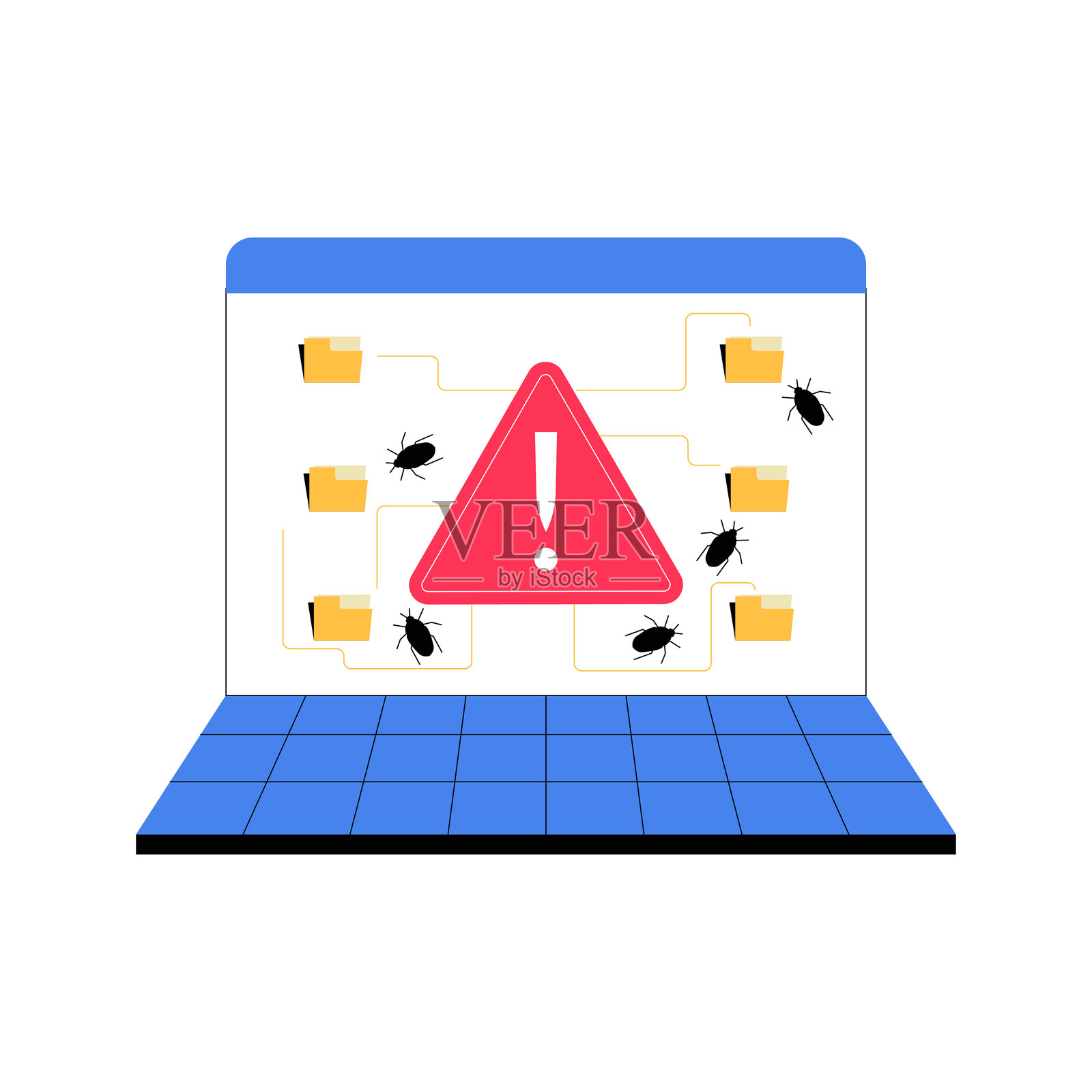 带有警告图标和虫子的笔记本电脑平面矢量插图，象征着恶意软件威胁、数据泄露和网络安全，背景为白色。插画图片素材