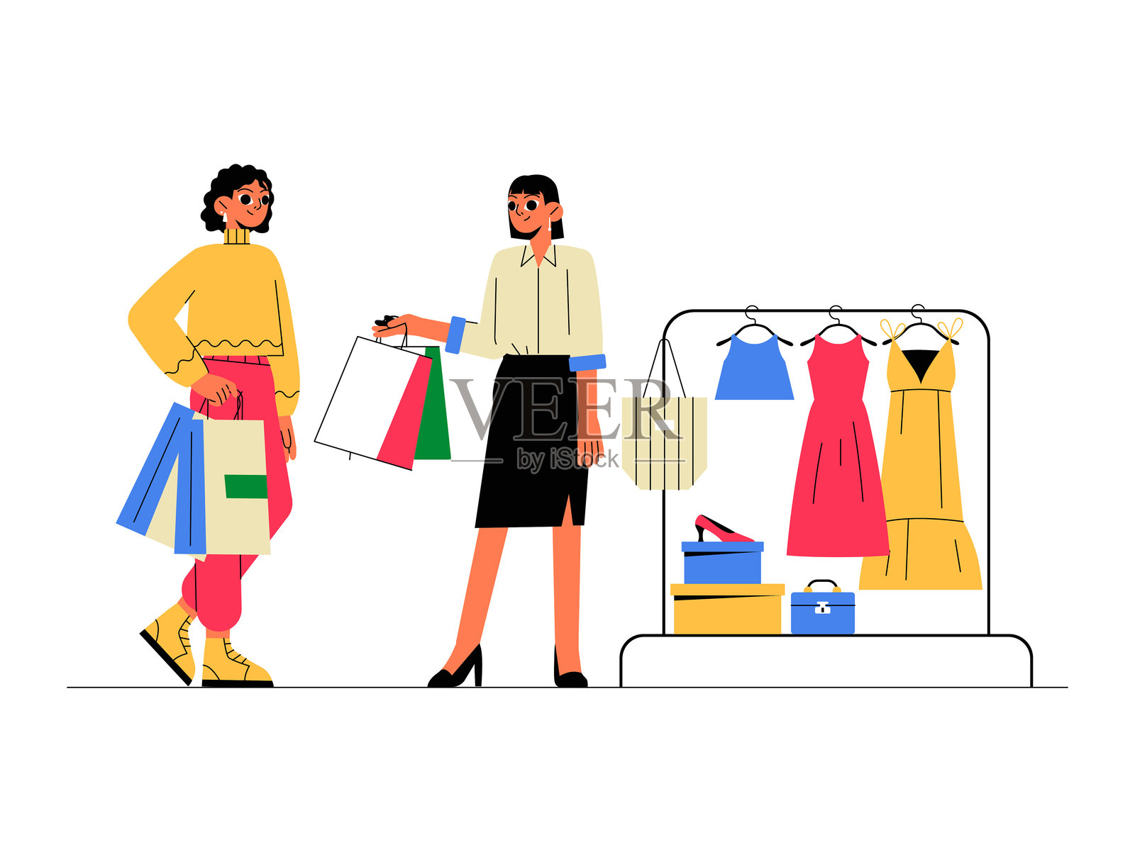 两个女性购物，手提购物袋，背景为服装展示的平面矢量插图，象征时尚、零售和生活方式，背景为白色。插画图片素材