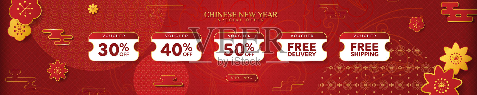 春节价格折扣和免费送货，在线优惠券，立即购物按钮。带有中国亚洲设计的春节促销券模板。矢量图。插画图片素材