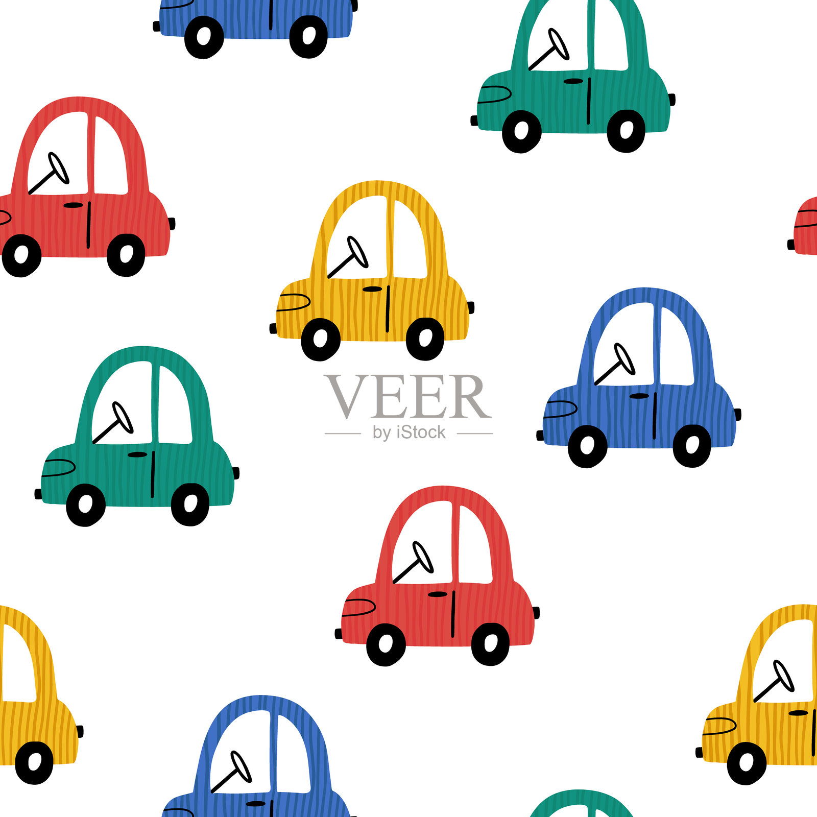 无缝矢量图案，带有可爱的汽车。适合男孩的儿童纺织品插图，充满趣味的卡通汽车运输。儿童汽车背景。斯堪的纳维亚风格。手绘童趣壁纸，纺织印花。插画图片素材