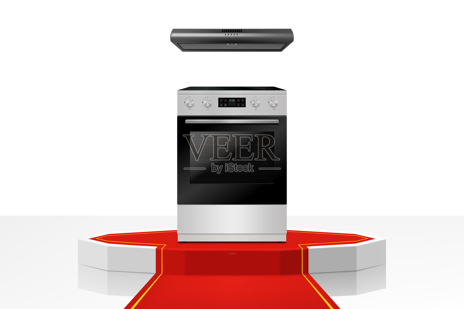 带红色路径的台面、厨房抽油烟机和电炉。现代、真实的3D矢量家电插图。正面视图，特写。插画图片素材