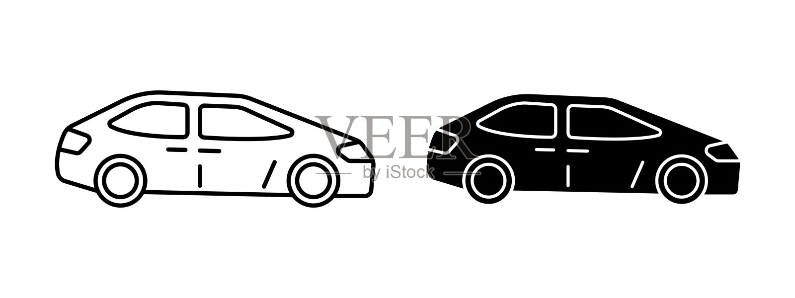 抽象汽车图标。汽车标志。车辆矢量插图。轿车轮廓。汽车运输图标。驾驶员标志。交通图形标志，独立线条或轮廓艺术，分为两种风格。插画图片素材