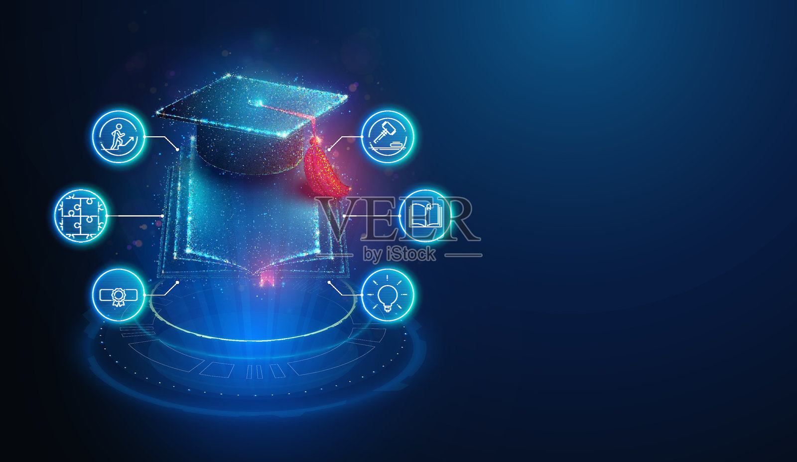 发光霓虹粒子与线条图标构成的毕业帽与书本的抽象插图。蓝色几何背景描绘教育与奖学金的概念。数字矢量插图。插画图片素材