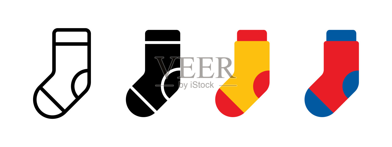 袜子图标。袜子成对的矢量插图。长袜符号。温暖可爱的袜子。羊毛服装标志。纺织鞋类服装。可爱多彩的条纹袜子图标。圣诞长袜套装。插画图片素材