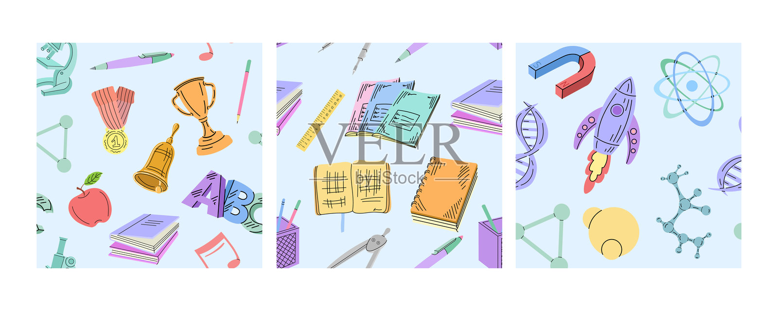 无缝学校图案，包含书籍、科学符号和奖杯，采用扁平涂鸦风格插画图片素材