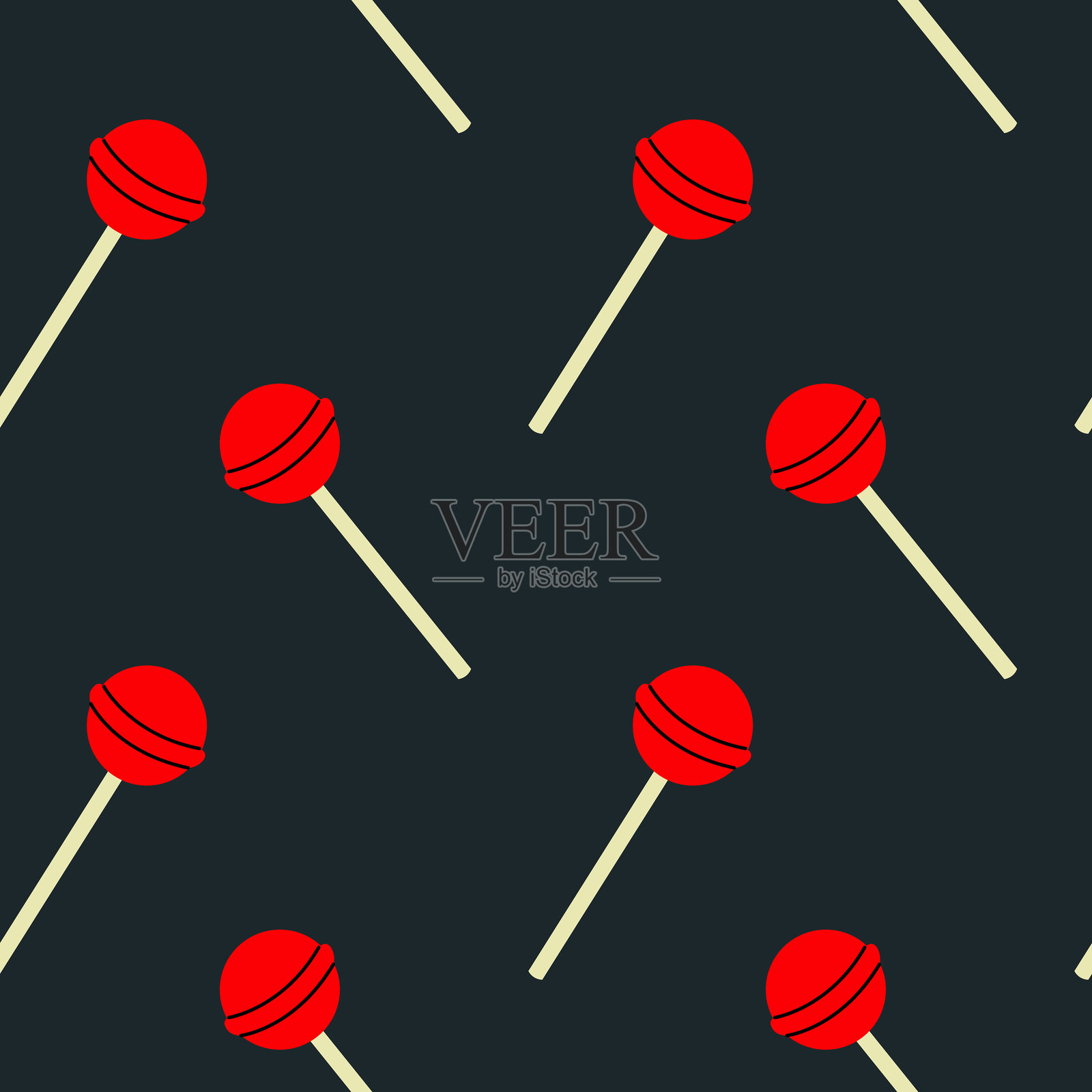 红色棒棒糖在深色背景上排列成重复的图案插画图片素材