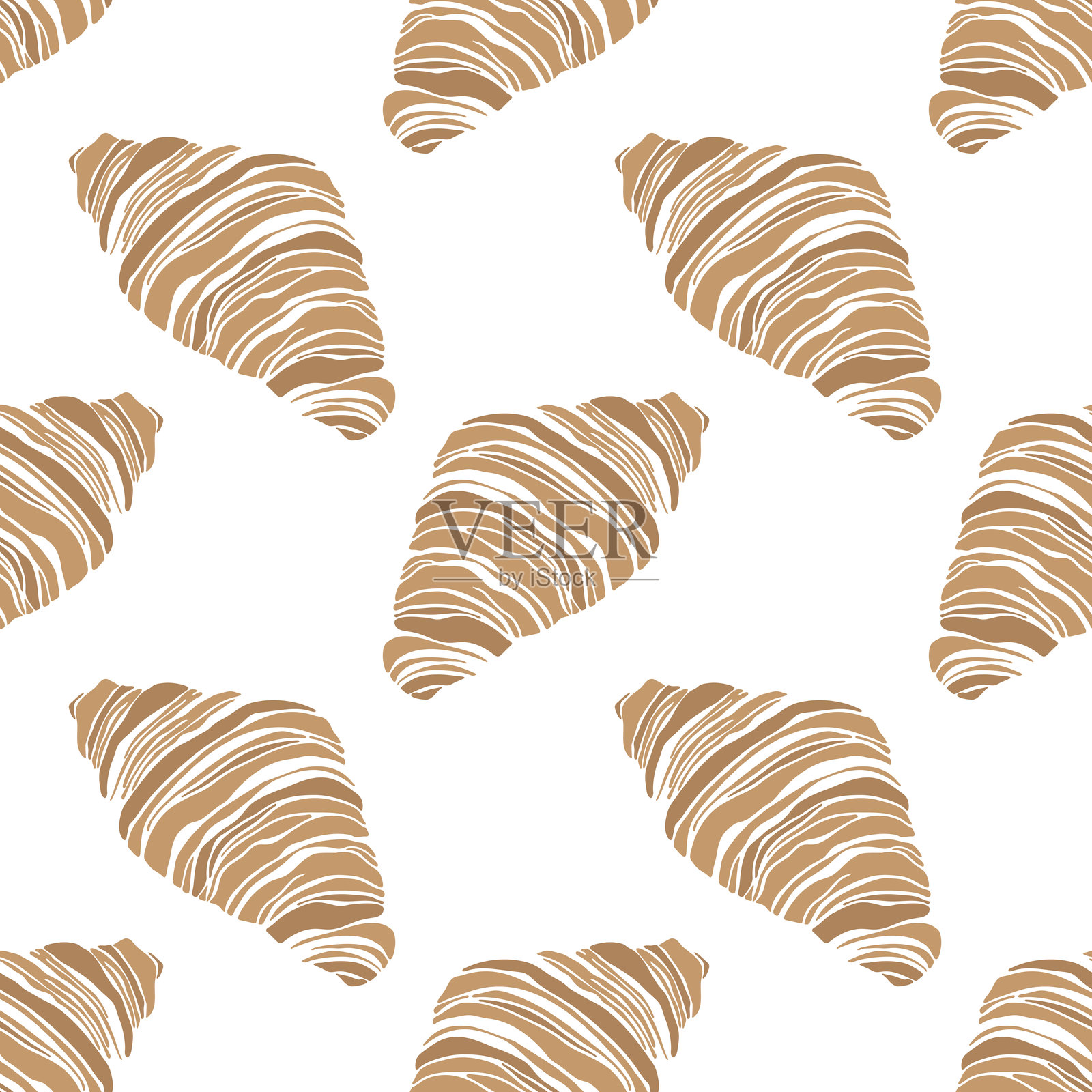 手绘可颂面包无缝图案，棕色调插画图片素材