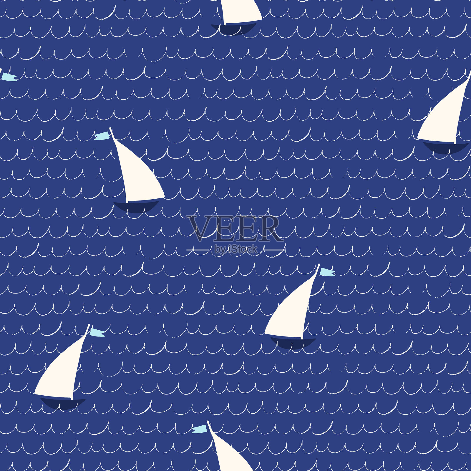 无缝图案，手绘帆船与波浪，适用于表面设计和其他设计项目插画图片素材