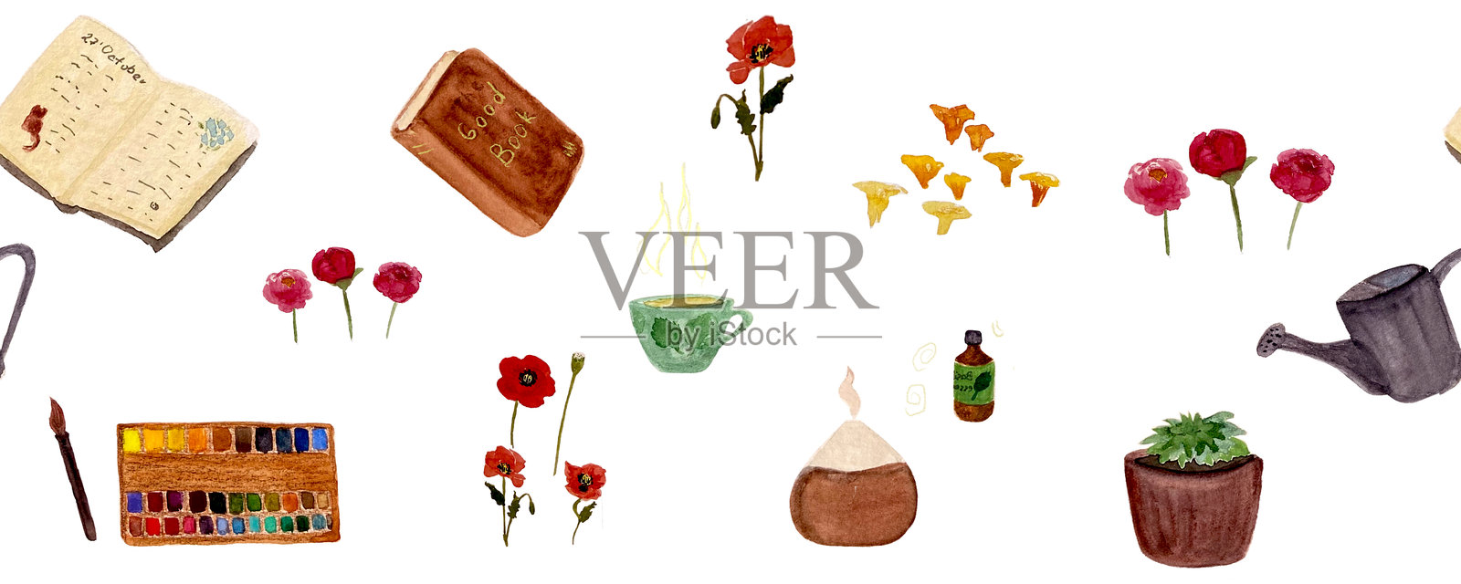 最喜欢的事物：一本书、精油扩散器、茶、植物、花朵和日记的无缝边框。白色背景下的孤立图像。水彩素描插图，非常适合用作手提袋、海报、卡片和笔记本设计。插画图片素材