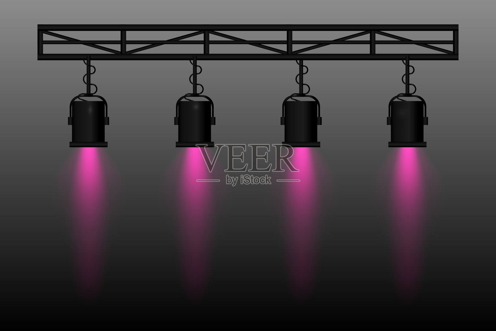 聚光灯设备。四个紫色光束的舞台灯，悬挂在支架结构上。专业的照明设备用于剧院、音乐会、演出和活动。聚焦照明，适用于表演场景。插画图片素材