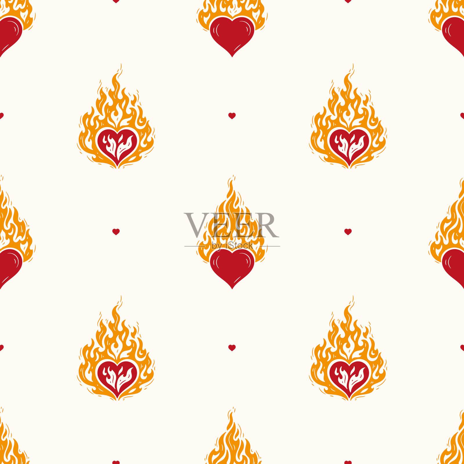 红色火焰心形无缝图案。燃烧的爱心象征着情人节设计。手绘矢量插图。插画图片素材