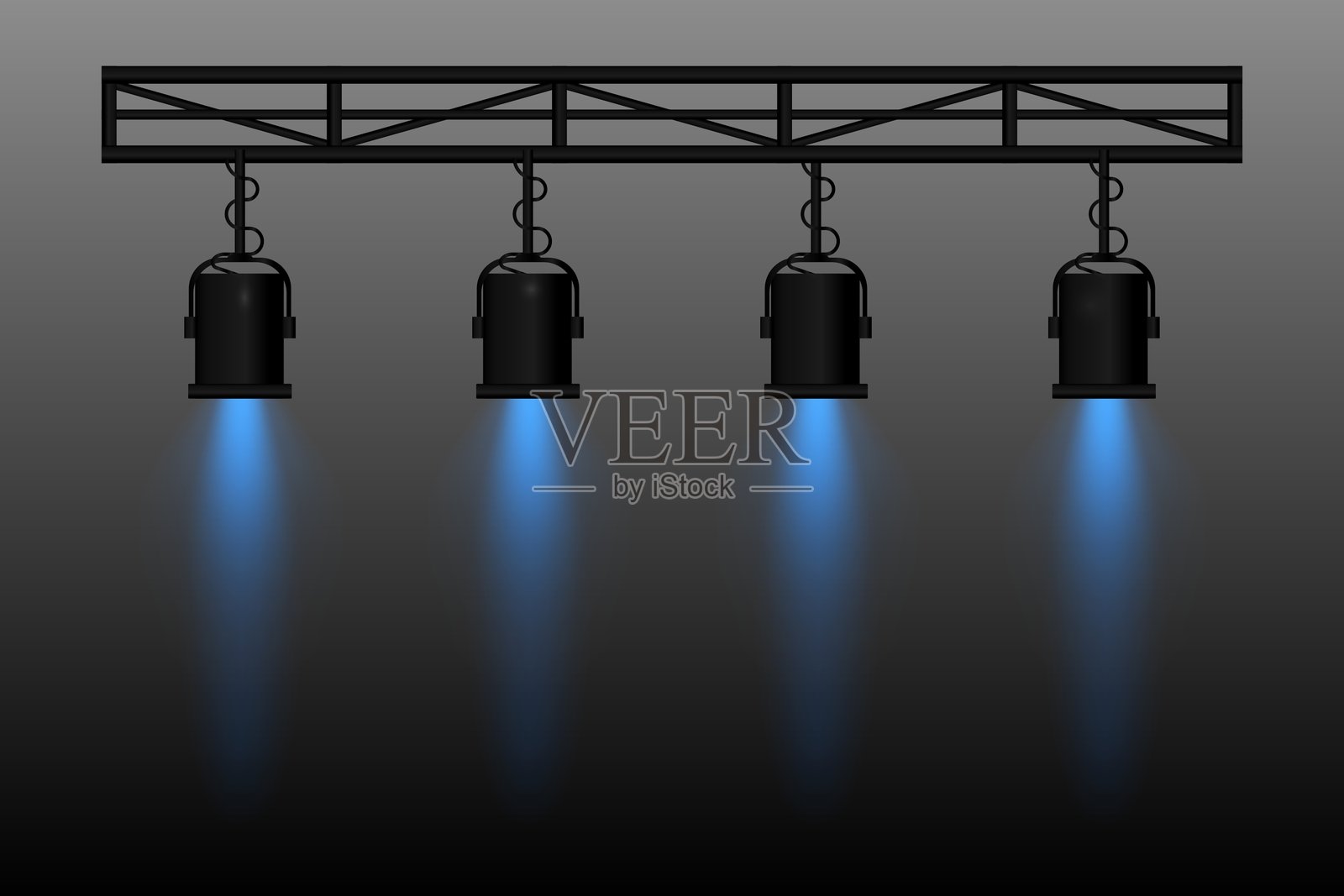 聚光灯设备。四个蓝色光束的舞台灯，悬挂在支架结构上。用于剧院、音乐会、演出和活动的专业照明设备。聚焦照明，适合表演场景。插画图片素材