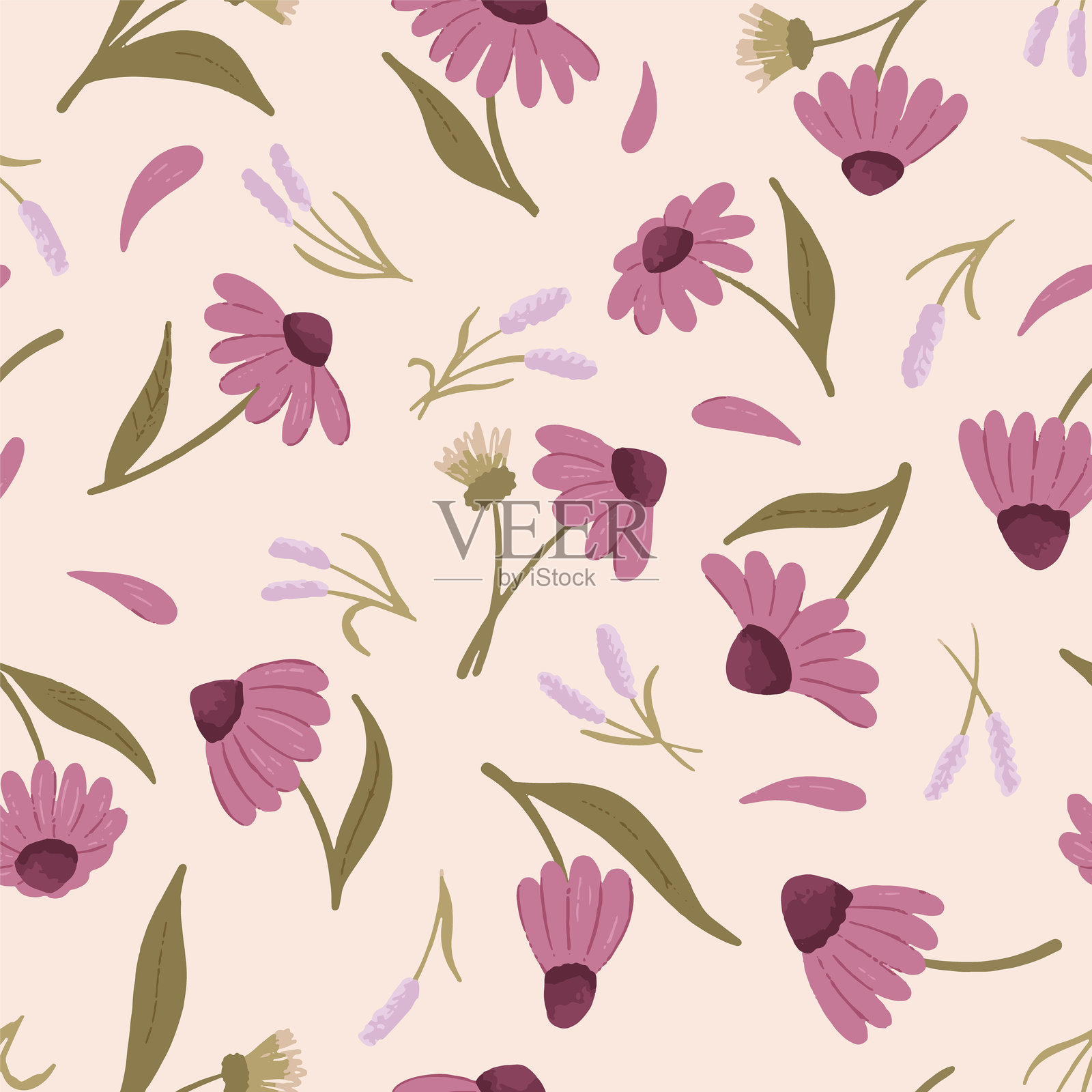 优雅精致的花卉无缝矢量图案，背景为奶油白色，紫色锥花重复图案织物插画图片素材