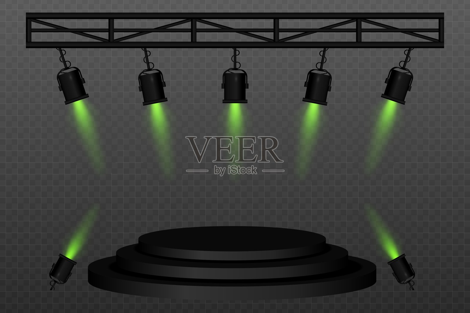 舞台聚光灯。黑色舞台平台上悬挂着的聚光灯和放置在地面的灯光。非常适合表演、活动、演示和具有戏剧性灯光效果的秀。插画图片素材