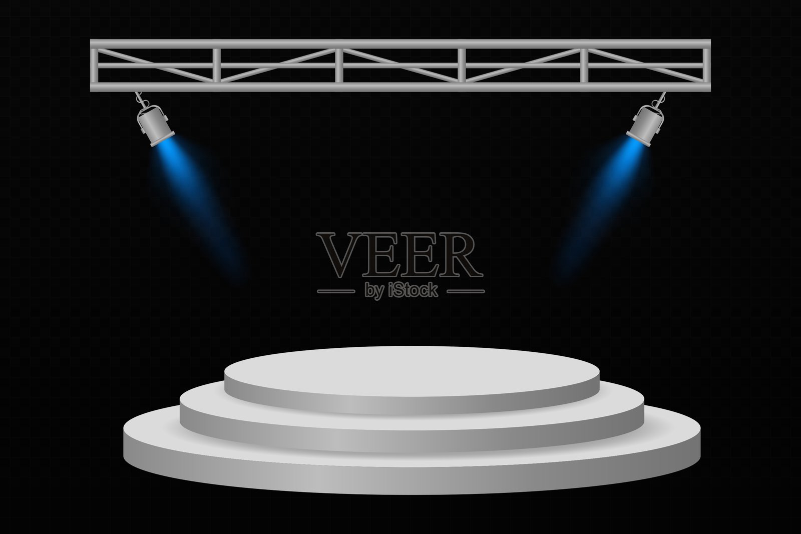 带有两个戏剧性橙色聚光灯的3D圆形讲台，背景昏暗，非常适合演示、展示或颁奖典礼。插画图片素材